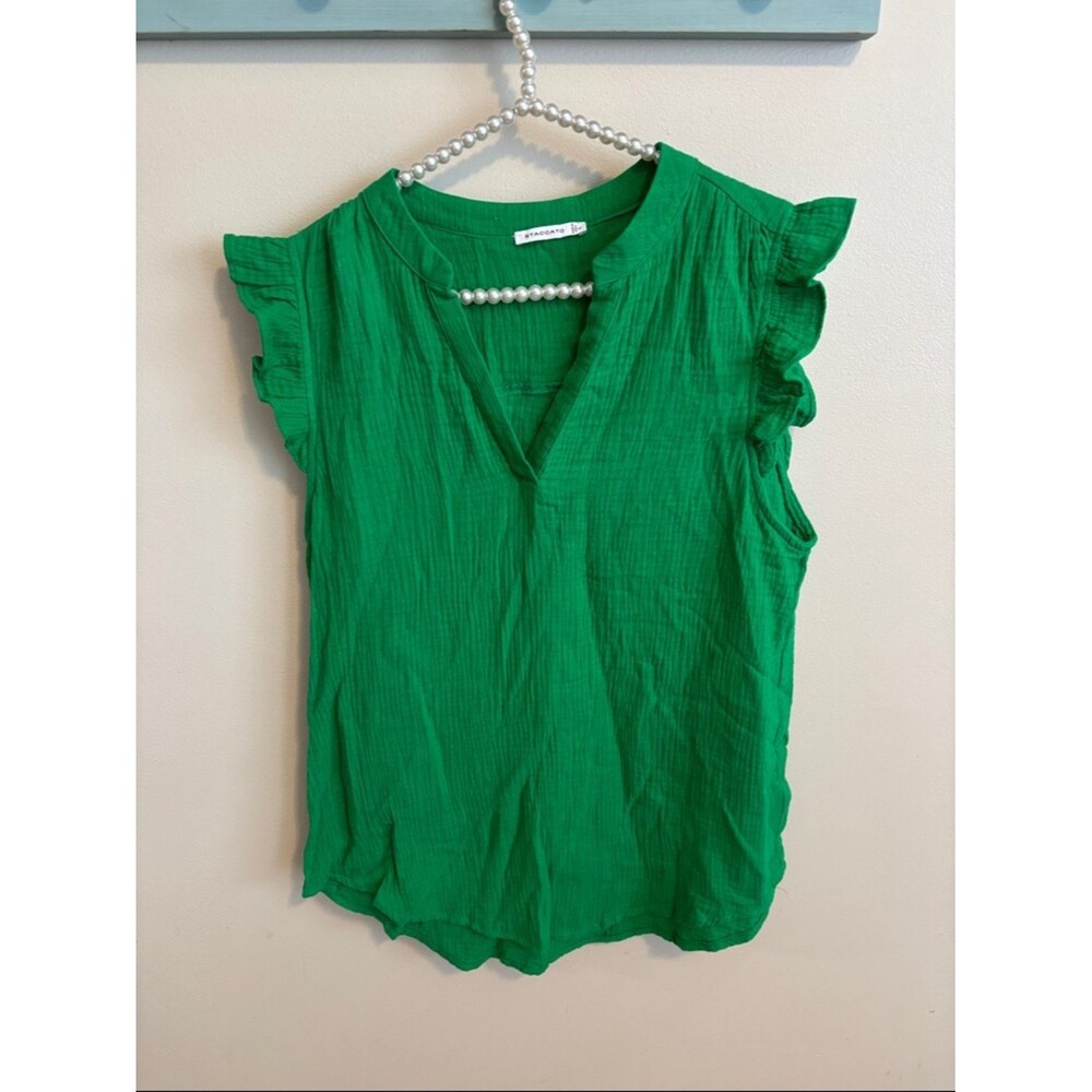 Staccato Green Ruffle Cap-Sleeve V-Neck Top size large